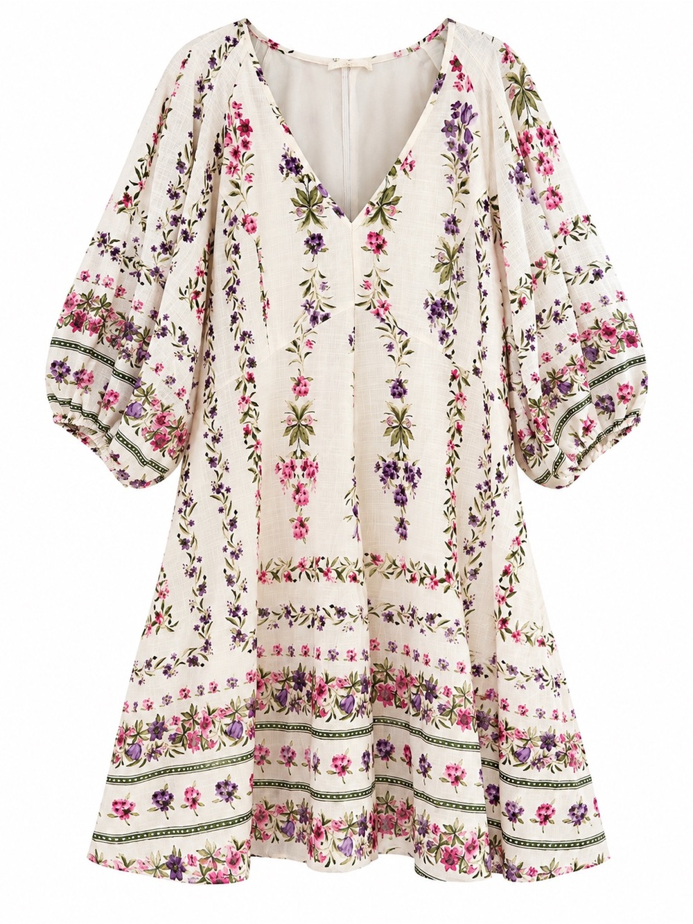 CeCe Floral Linen Blend V-Neck Dress XL NWT White Pink Purple Puff Sleeve